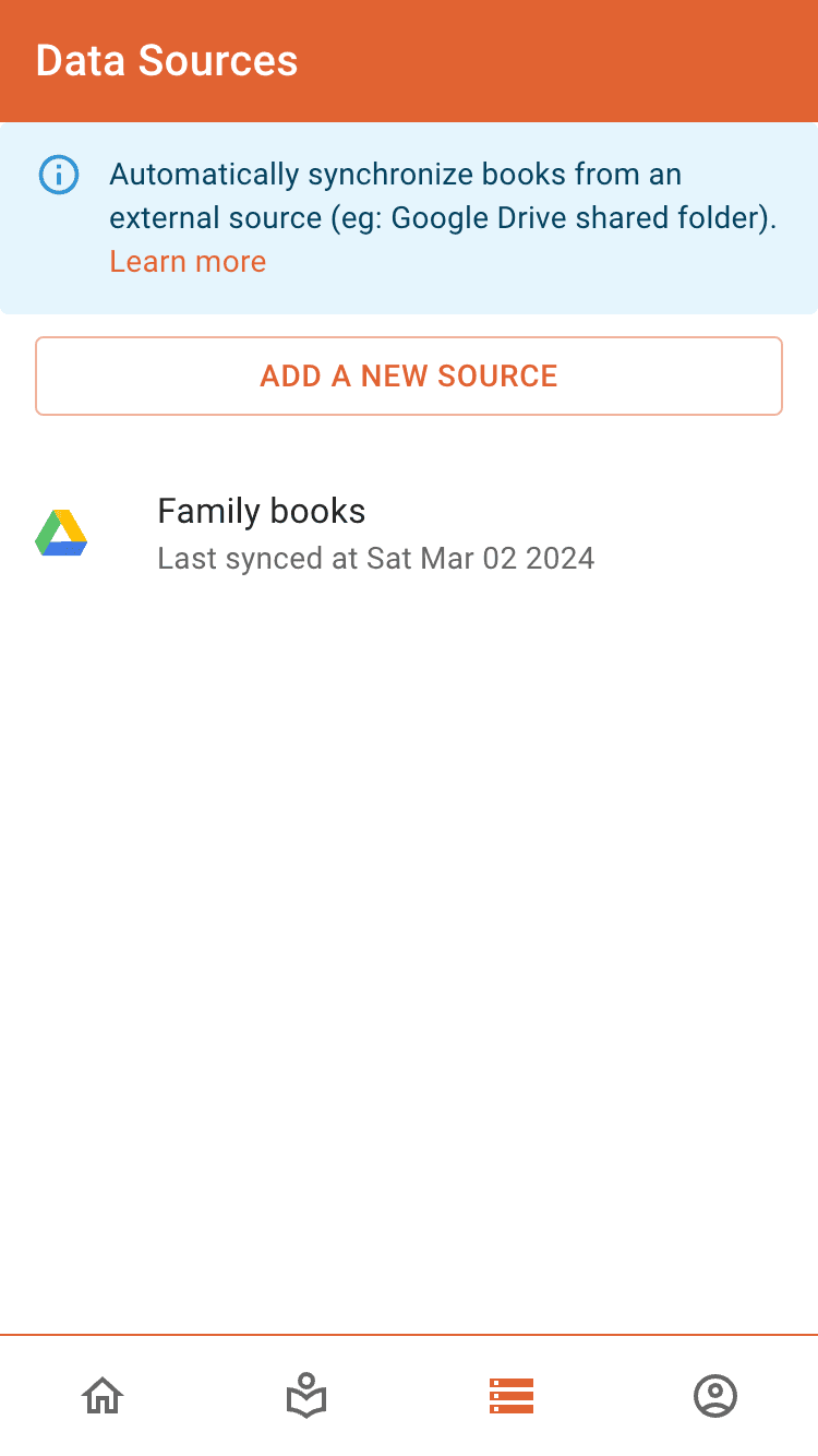 oboku feature: Your books — Synchronize your own books and make your library in a few taps. We support Google Drive, Dropbox, Synology, WebDAV and many more